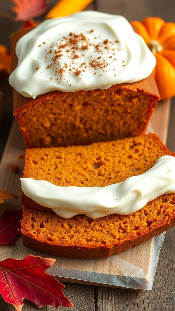 Pumpkin Bread with Cream Cheese Frosting Recipe Sliced pumpkin bread with cream cheese frosting on a rustic table, surrounded by autumn leaves and a small pumpkin.